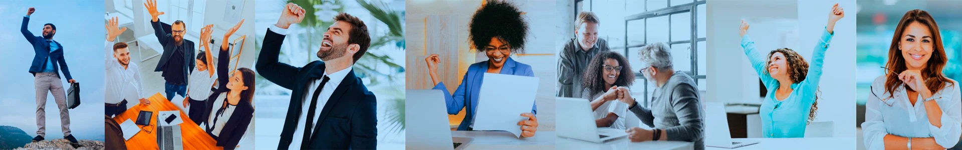 foto montagem com seis cenas de pessoas em ambientes profissionais relacionados com negócios internacionais celebrando com sorrisos, braços erguidos e gestos de vitória.