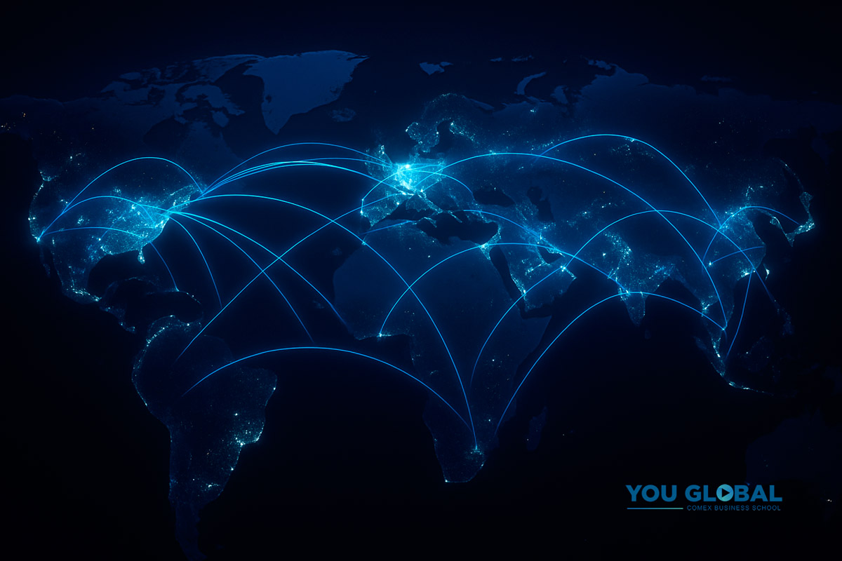 Rede de conexões globais em linhas azuis brilhantes sobre mapa-múndi escuro; no canto inferior direito, o texto “You Global Comex Business School”.